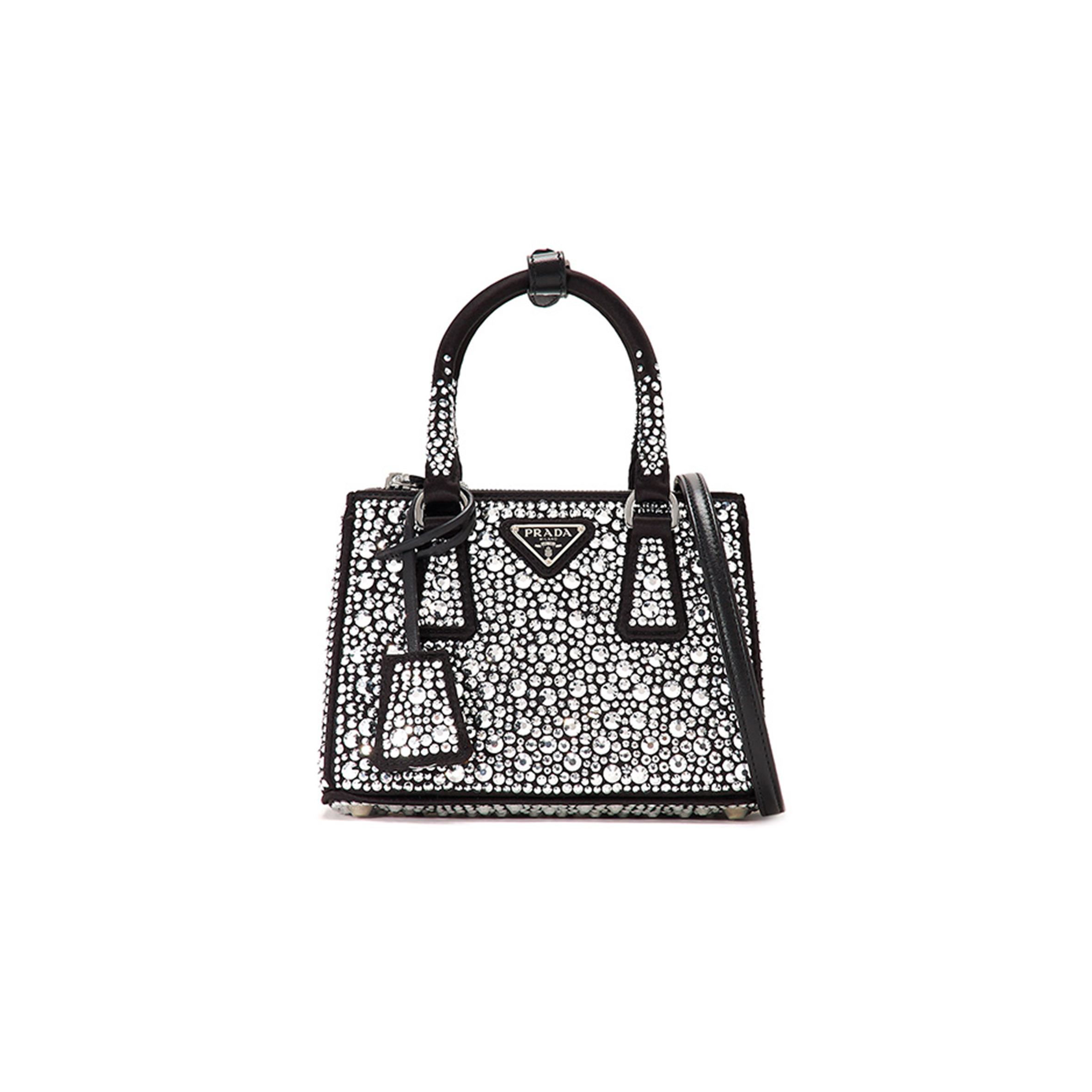 PRADA BLACK SATIN AND CRYSTAL MINI GALLIERA TOTE BAG 1BA906 (20*15*9.5cm)